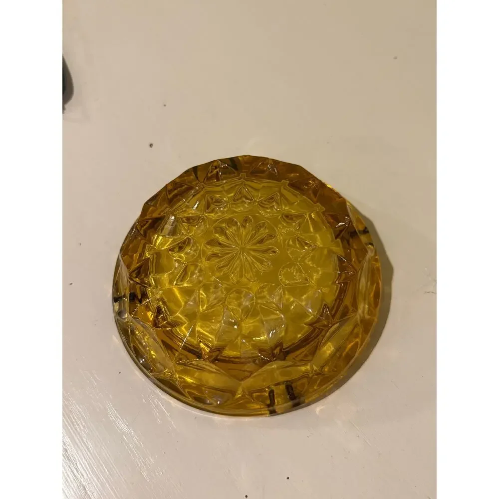 Vintage Amber Glass Ashtray Mid Century Modern Starburst Thumbprint Trinket Dish
